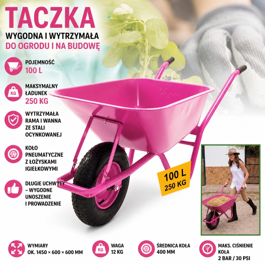 Zahradní kolečko Vozík 100l s nafukovacím kolem RŮŽOVÉ do 250kg Pozinkované MS20004taczka